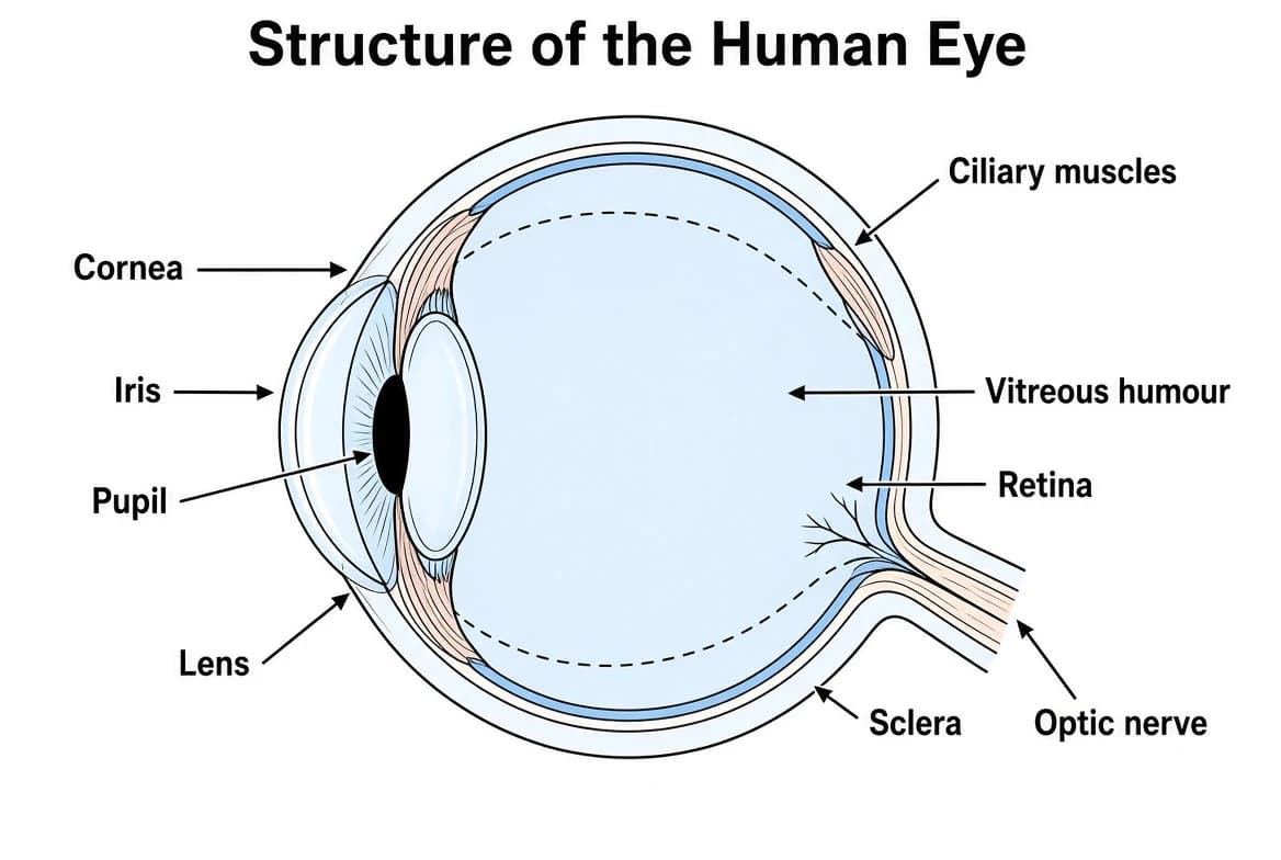 Main parts of the human eye: cornea, pupil, iris, lens, ciliary muscles, retina, and optic nerve.
