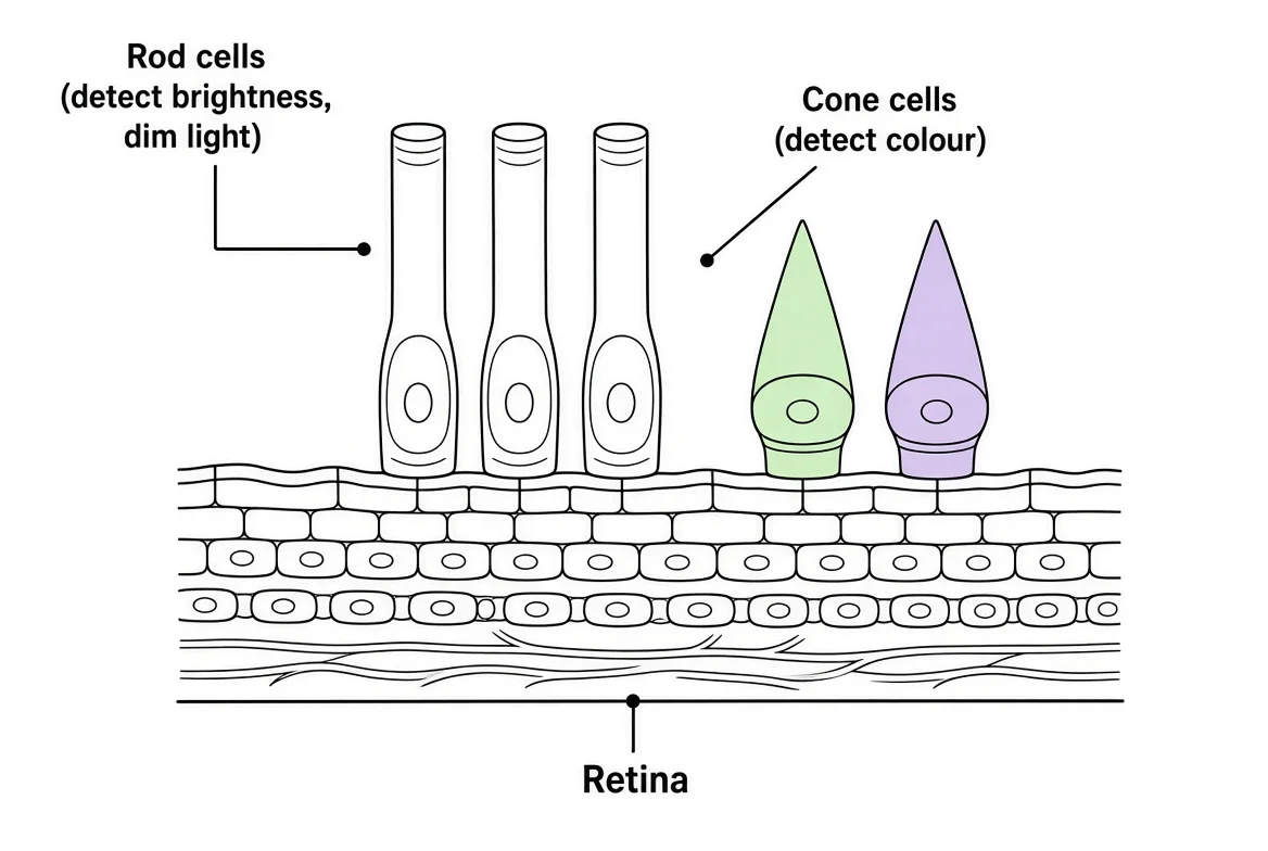 Rod and cone cells in the retina — rod cells detect brightness (dim light vision), cone cells detect colour.