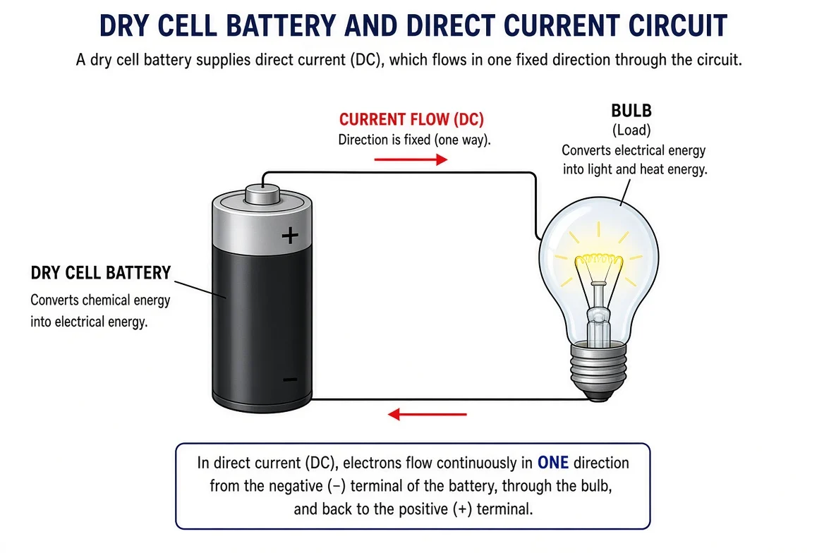 Direct current obtained from a dry cell — current flows in one fixed direction through the bulb.