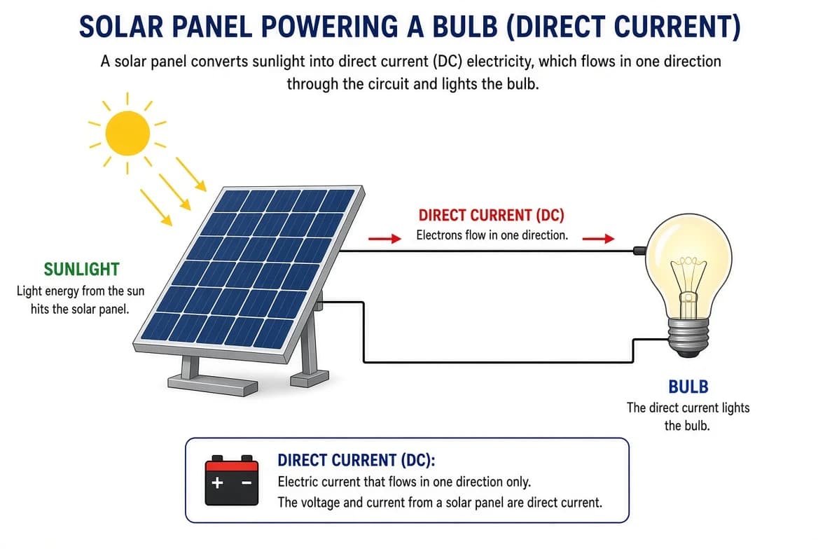 Direct current obtained from a solar panel lighting a bulb.