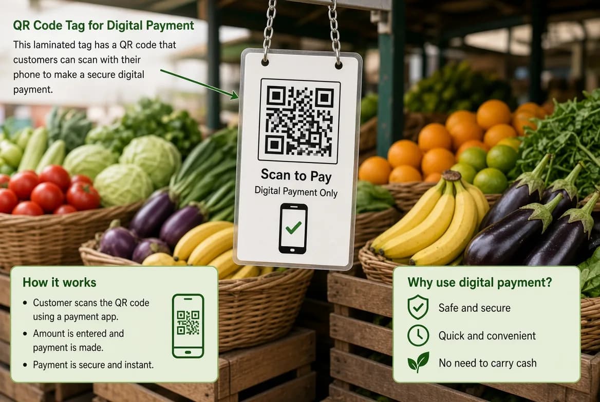 A QR code displayed at a market stall for scanning to make a digital payment.