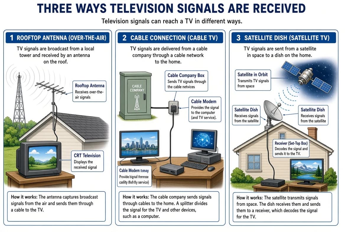 Three ways of receiving television: antenna TV, cable TV, and dish (satellite) TV.