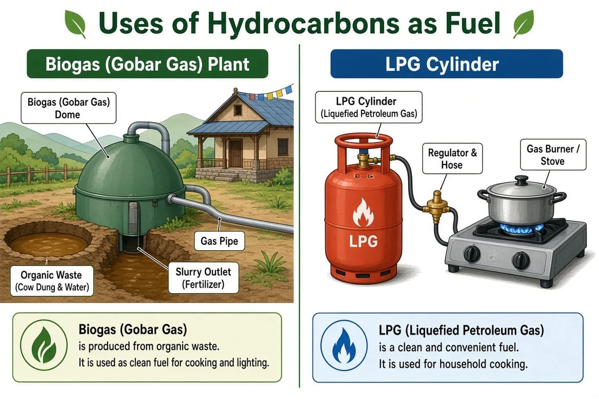 Uses of hydrocarbons as fuel: a biogas (gobar gas) plant and an LPG cylinder.