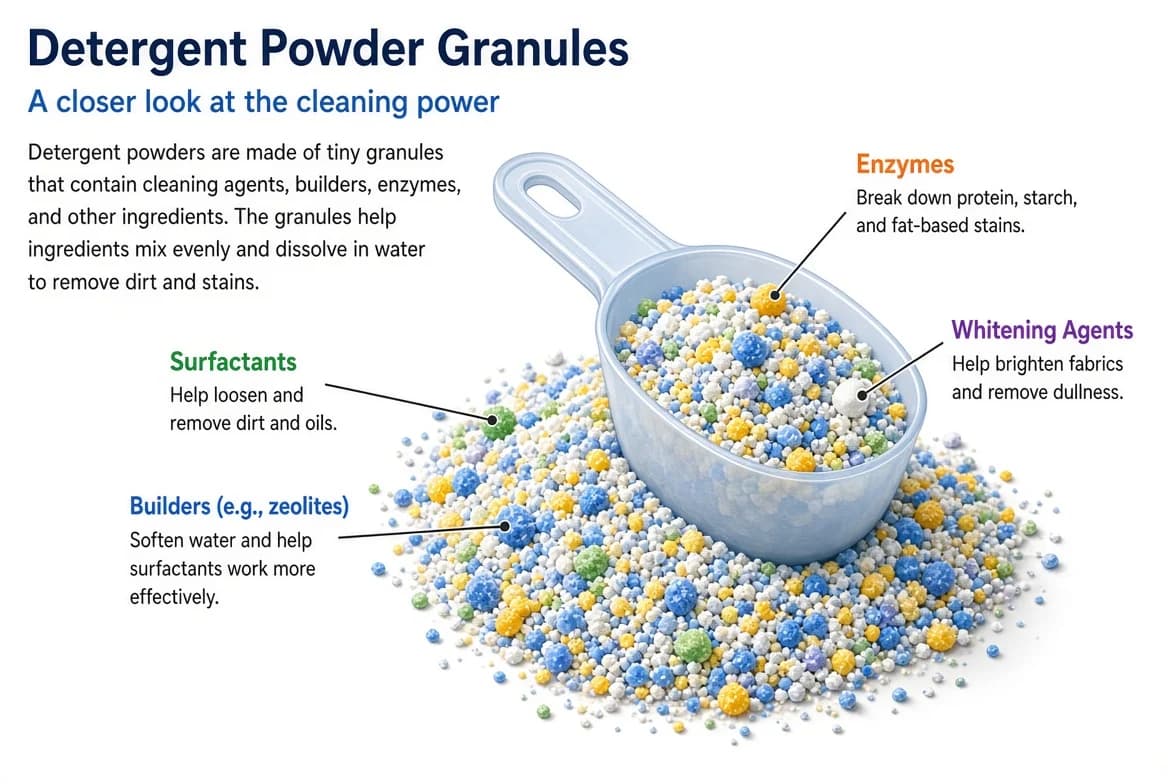 Detergent powder, a soapless synthetic cleaning agent used to wash clothes.