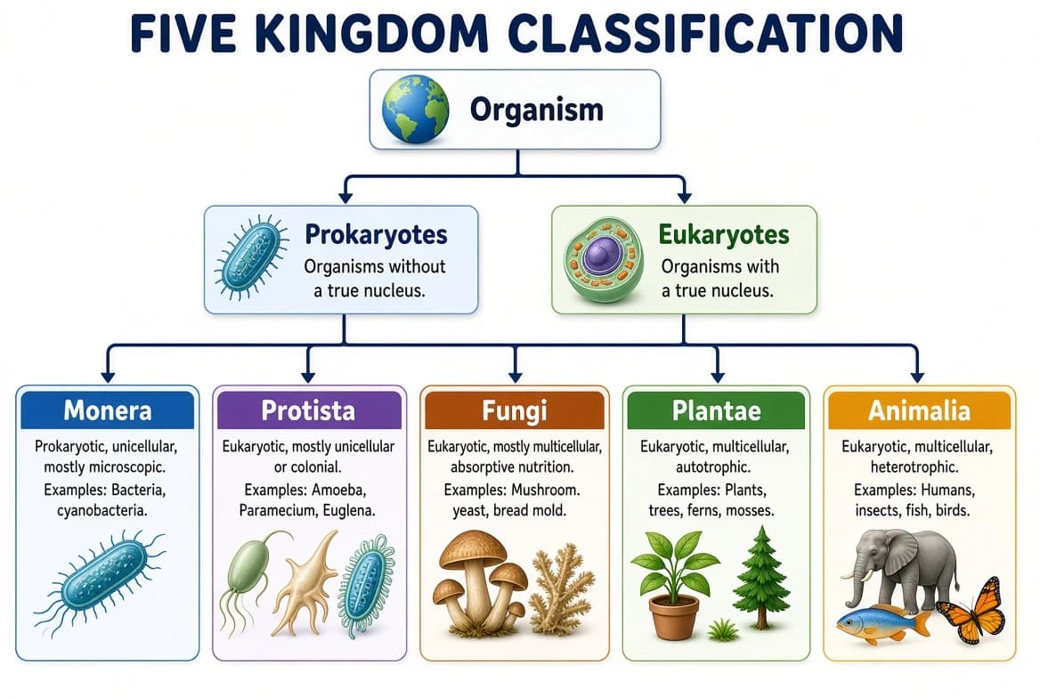 Five Kingdom Classification chart showing Monera, Protista, Fungi, Plantae and Animalia branching from Organism through Prokaryotes/Eukaryotes, unicellular/multicellular, and nutrition type.