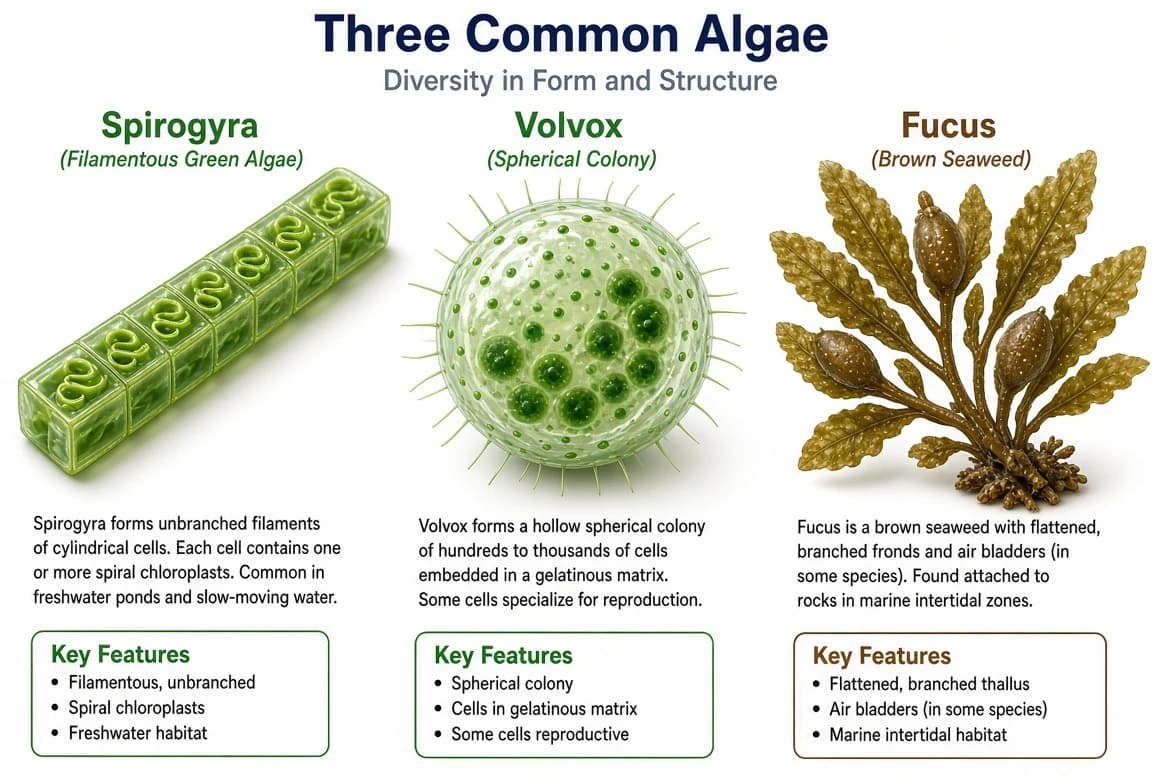 Spirogyra, Volvox and Fucus specimens representing division Algae.