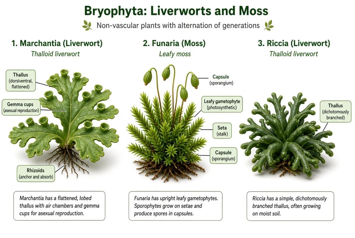 Marchantia, Moss and Riccia specimens representing division Bryophyta.