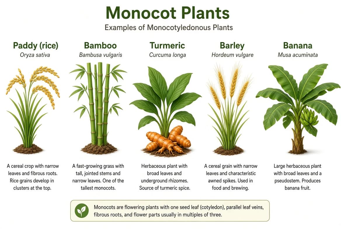Paddy, bamboo, turmeric, barley and banana representing monocotyledonous plants.