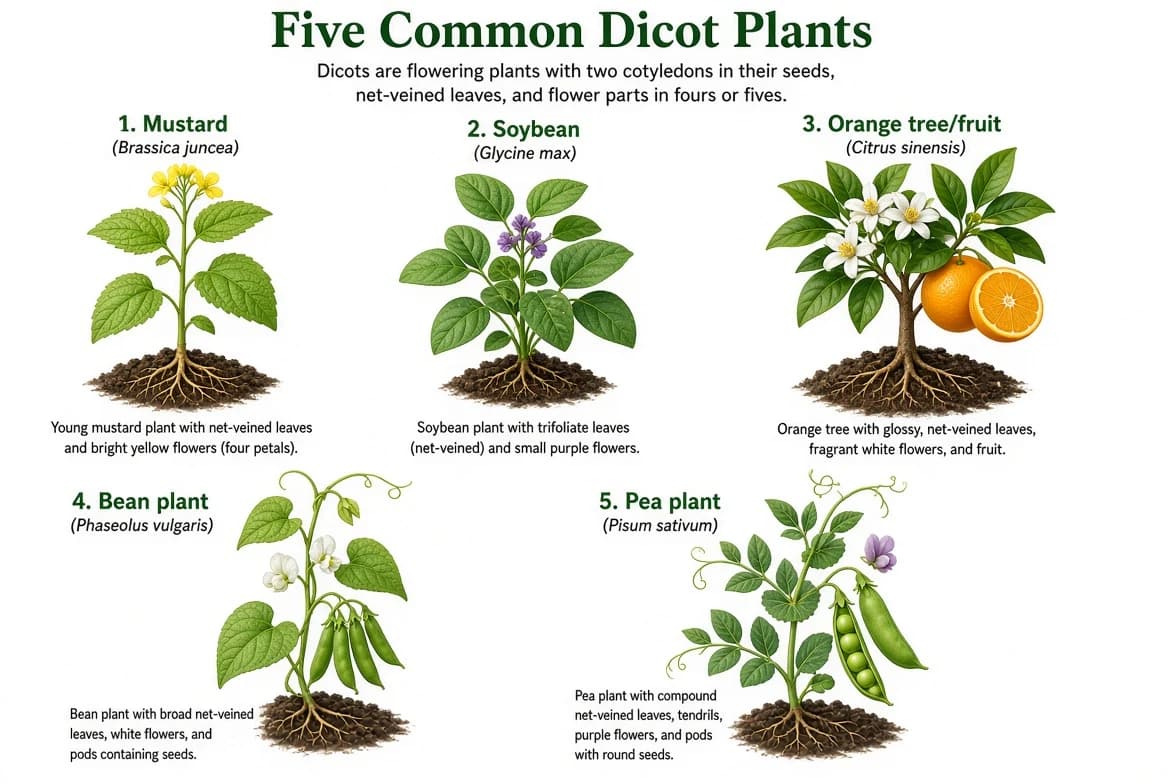 Mustard, soybean, orange, bean and pea representing dicotyledonous plants.