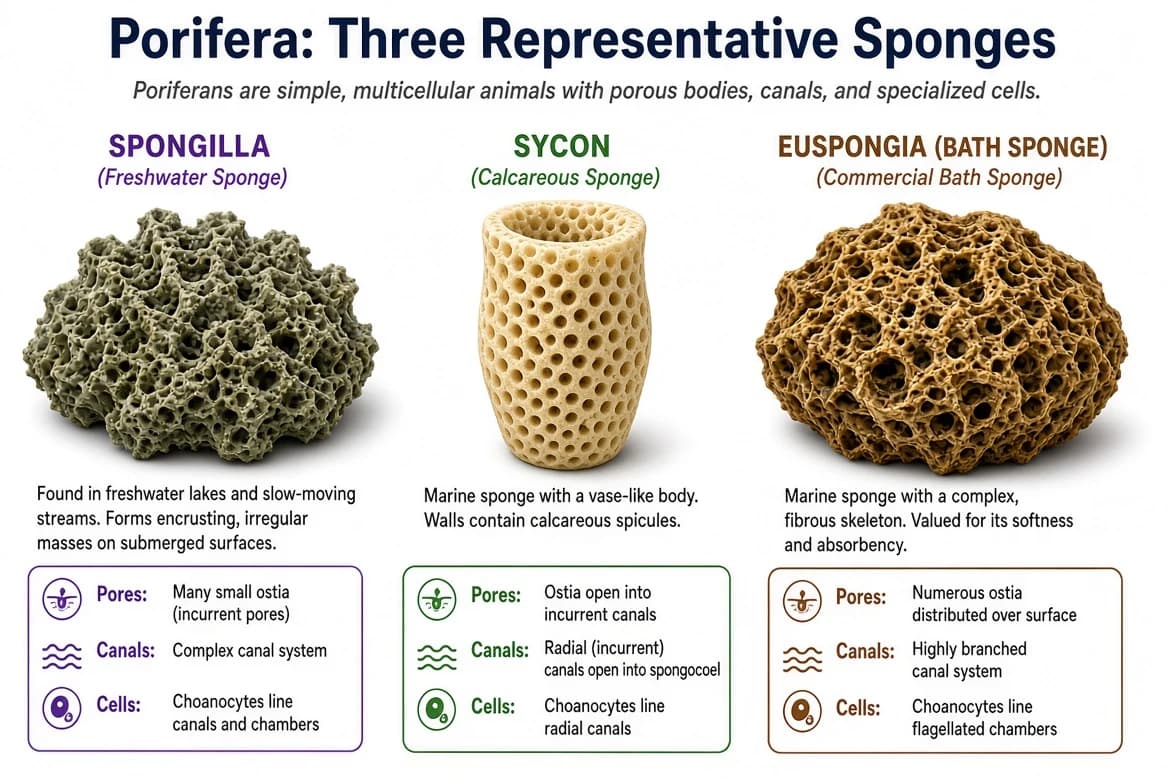 Spongilla, Sycon and Euspongia representing phylum Porifera (sponges).