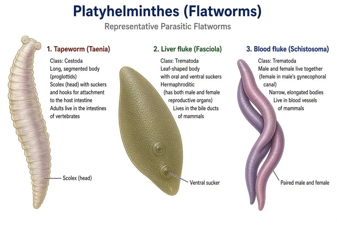 Tapeworm, Liverfluke and Bloodfluke representing phylum Platyhelminthes.