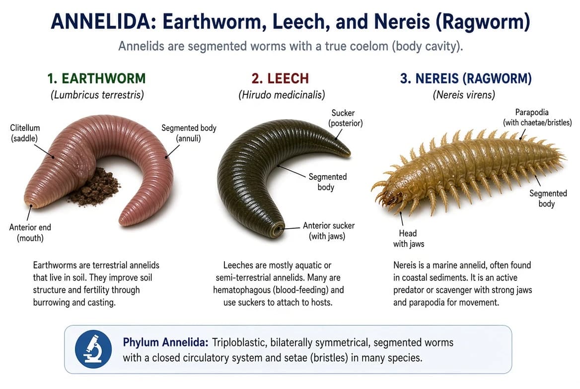 Earthworm, Leech and Nereis representing phylum Annelida.