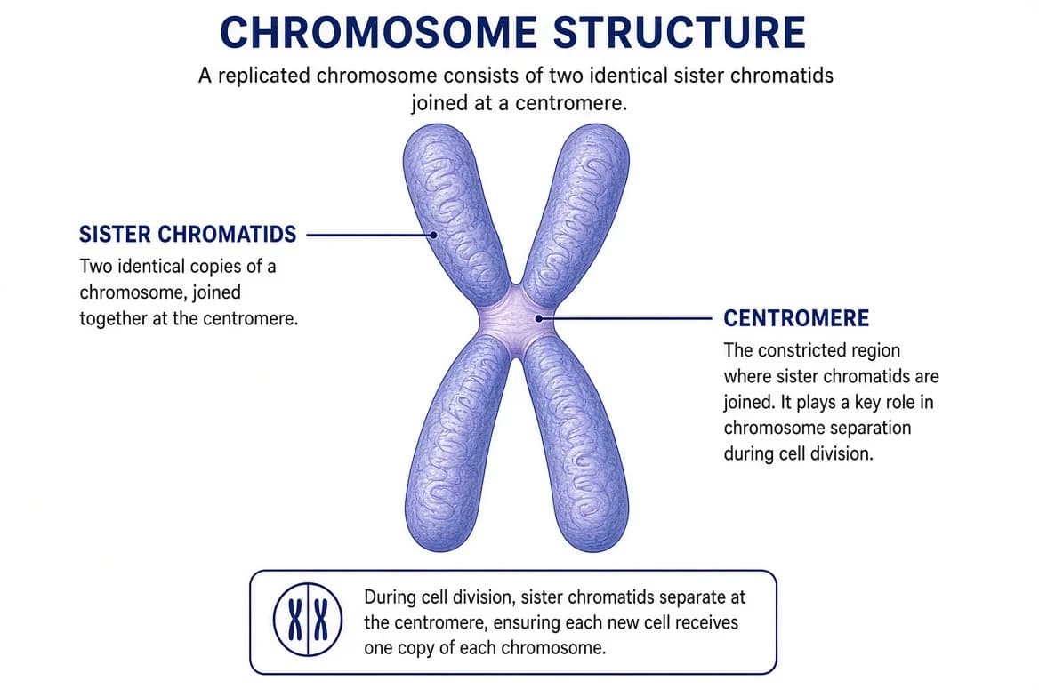 Structure of a chromosome showing the centromere and sister chromatids.