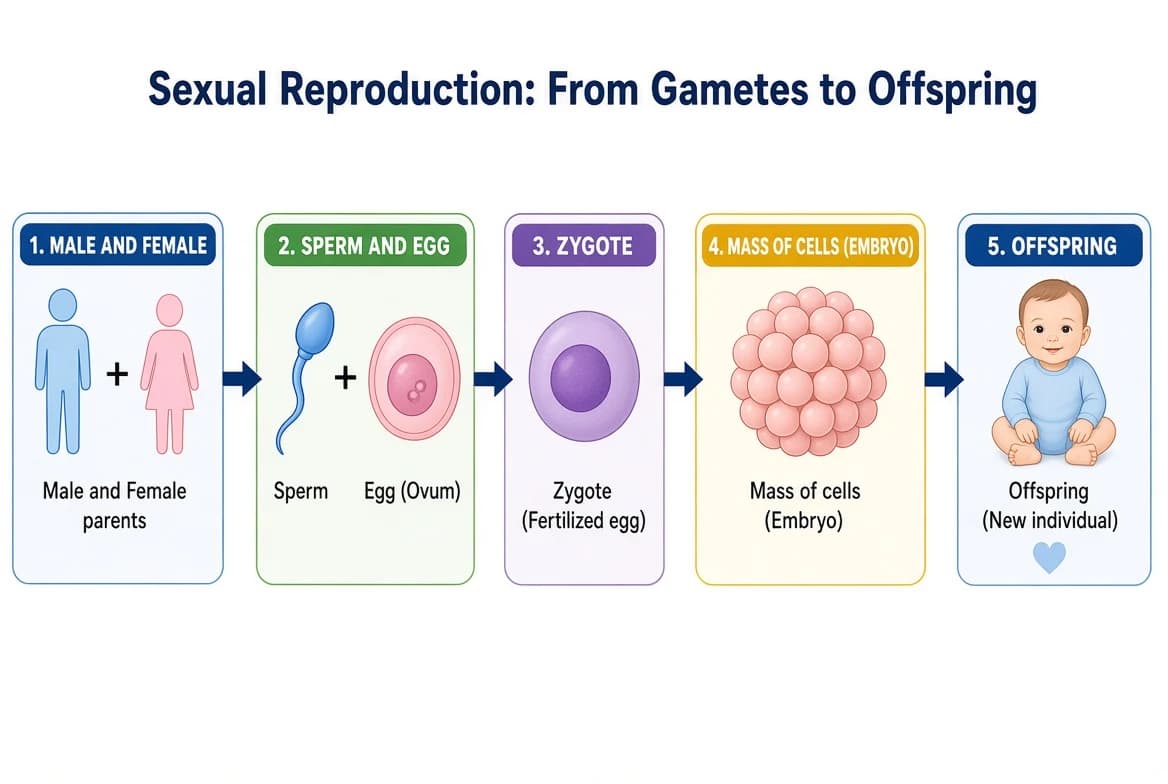 Flow diagram showing male and female (2n) producing sperm and egg (n) by meiosis, fertilisation forming a zygote (2n), mitosis forming a mass of cells, and differentiation into an offspring (2n).