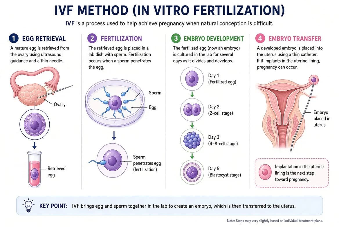 Diagram of IVF showing egg retrieval from the ovary, fertilization with sperm in a laboratory dish, and embryo transfer back into the uterus.