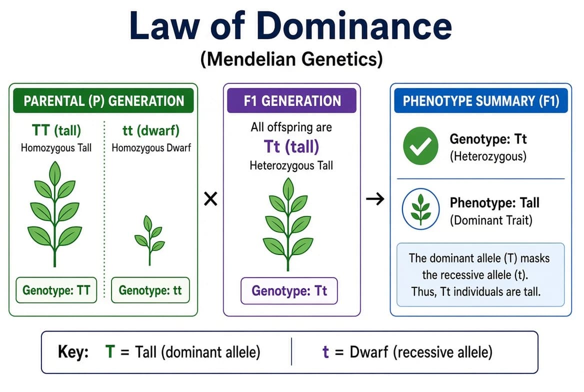Chart showing cross-pollination between pure tall (TT) and pure dwarf (tt) pea plants, with gametes T and t combining to give F1 genotype Tt and phenotype tall in all offspring.