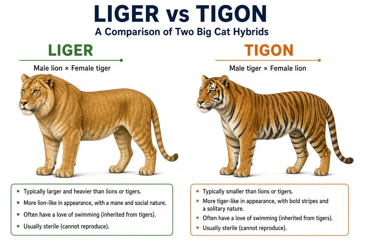 Liger and Tigon shown side by side to compare the two big-cat hybrids.