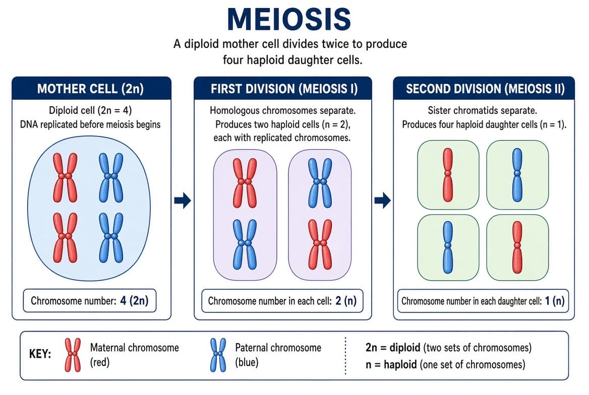 Diagram of meiosis: one mother cell with paired red and blue chromosomes dividing into two cells and then into four haploid daughter cells, each with a mix of red and blue chromosome material.