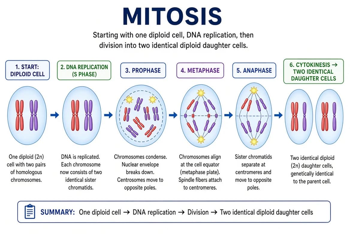Diagram of mitosis: a diploid (2n) cell with DNA replicated shown as an X-shaped chromosome, dividing into two identical diploid (2n) daughter cells.
