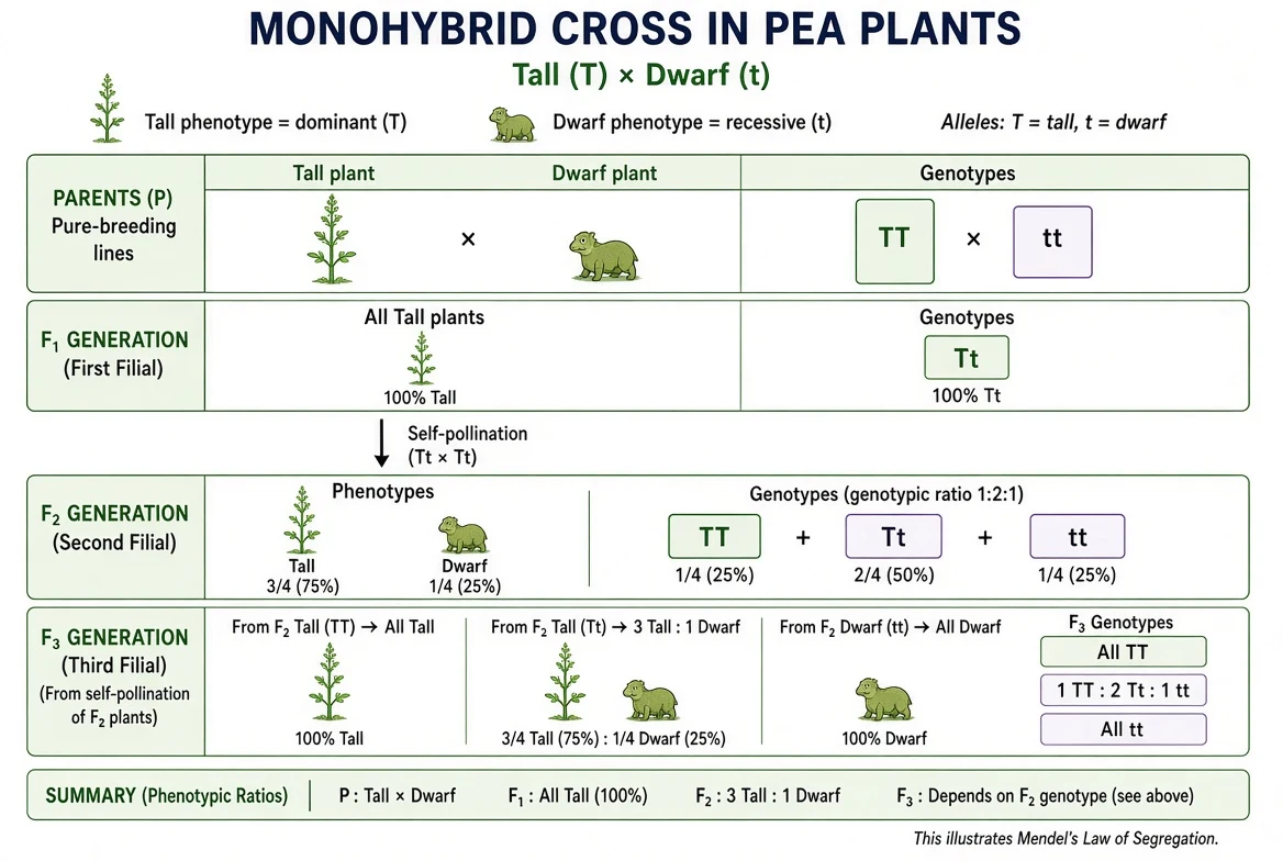 Monohybrid cross chart from mother plants (tall TT x dwarf tt) through F1 (all Tt, tall), self-pollination, to F2 generation (tall TT, tall Tt, tall Tt, dwarf tt) and further self-pollination to F3 generation.