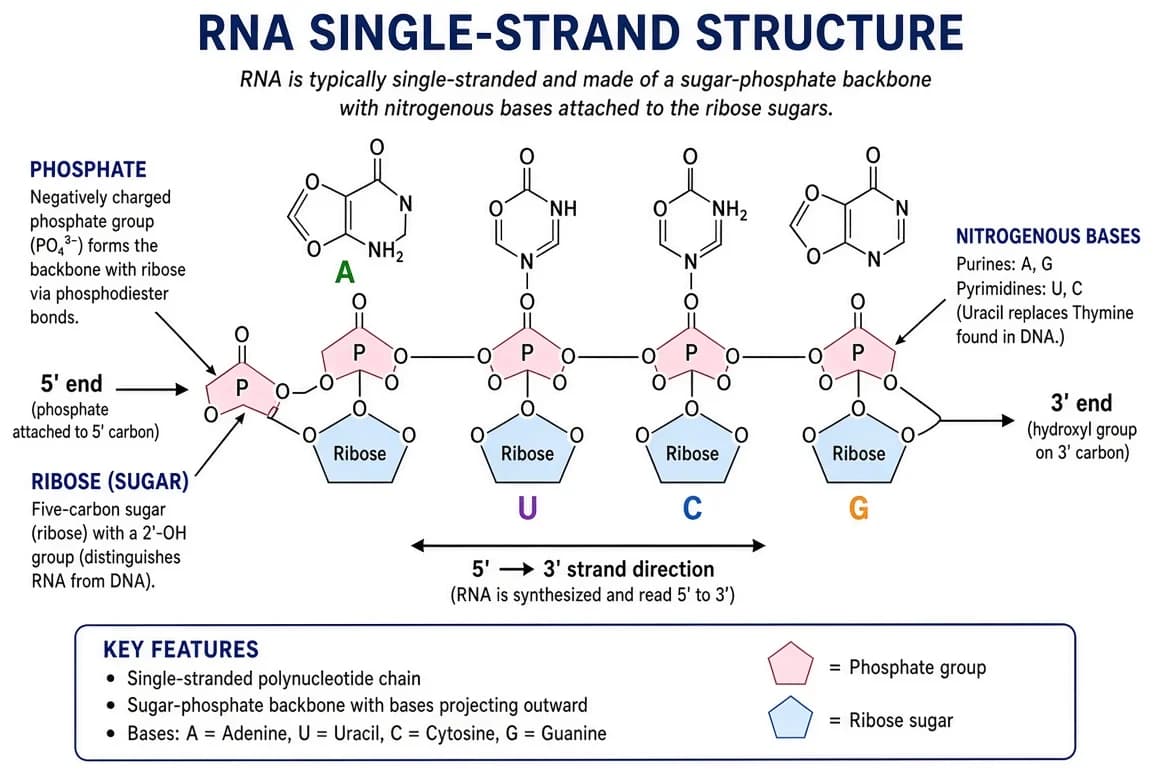 Single-stranded RNA structure with labelled nitrogen bases adenine, guanine, cytosine and uracil.