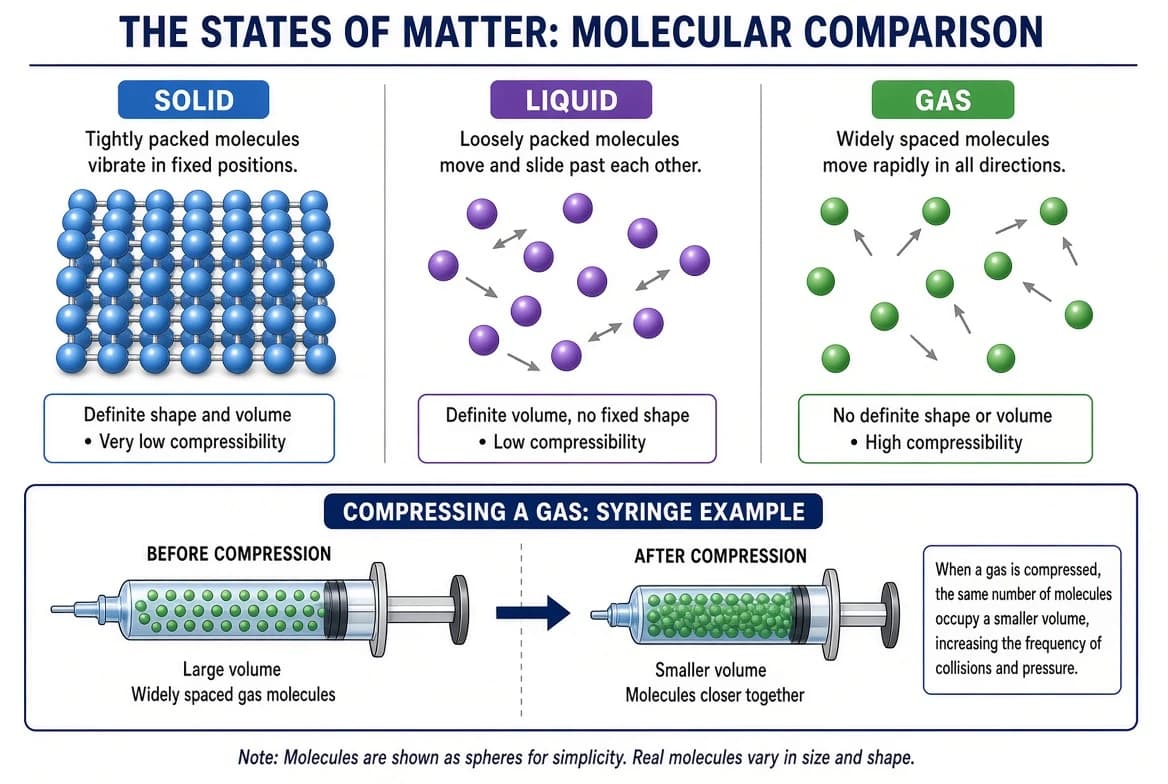 Structure of molecules in solid, liquid and gas, and compression of fluid in a closed syringe.