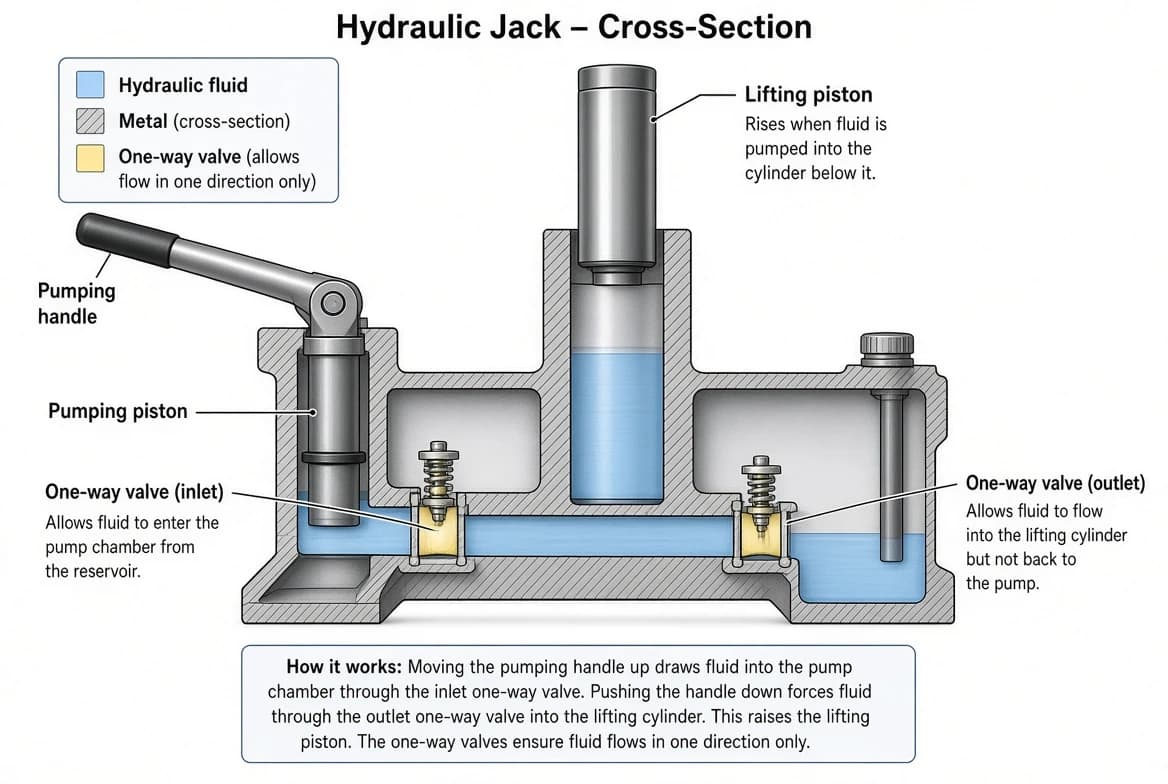 Hydraulic jack with pumping piston, lifting piston and one-way valves.