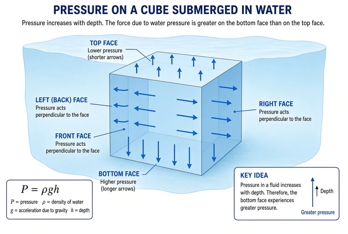 A cube immersed in water with pressure arrows on all faces, showing greater pressure on the lower face than the upper face.