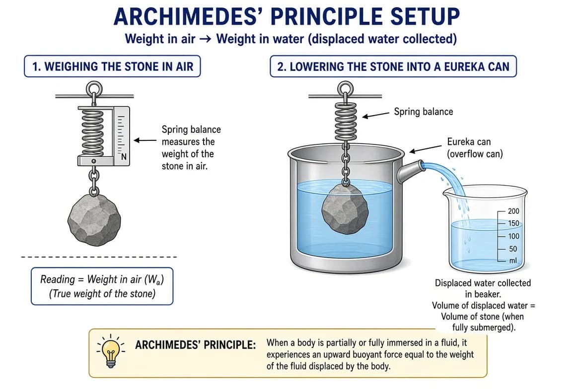 Verification of Archimedes' principle: a stone weighed in air and in water using a spring balance, with displaced water collected in a eureka can.
