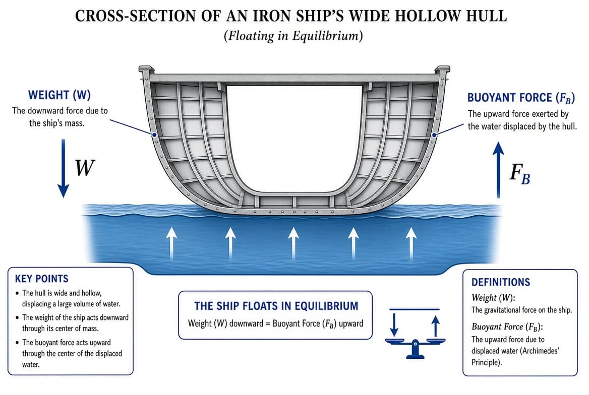 An iron ship floating on water, showing weight and buoyant force balanced through a wide hollow hull that displaces a large volume of water.