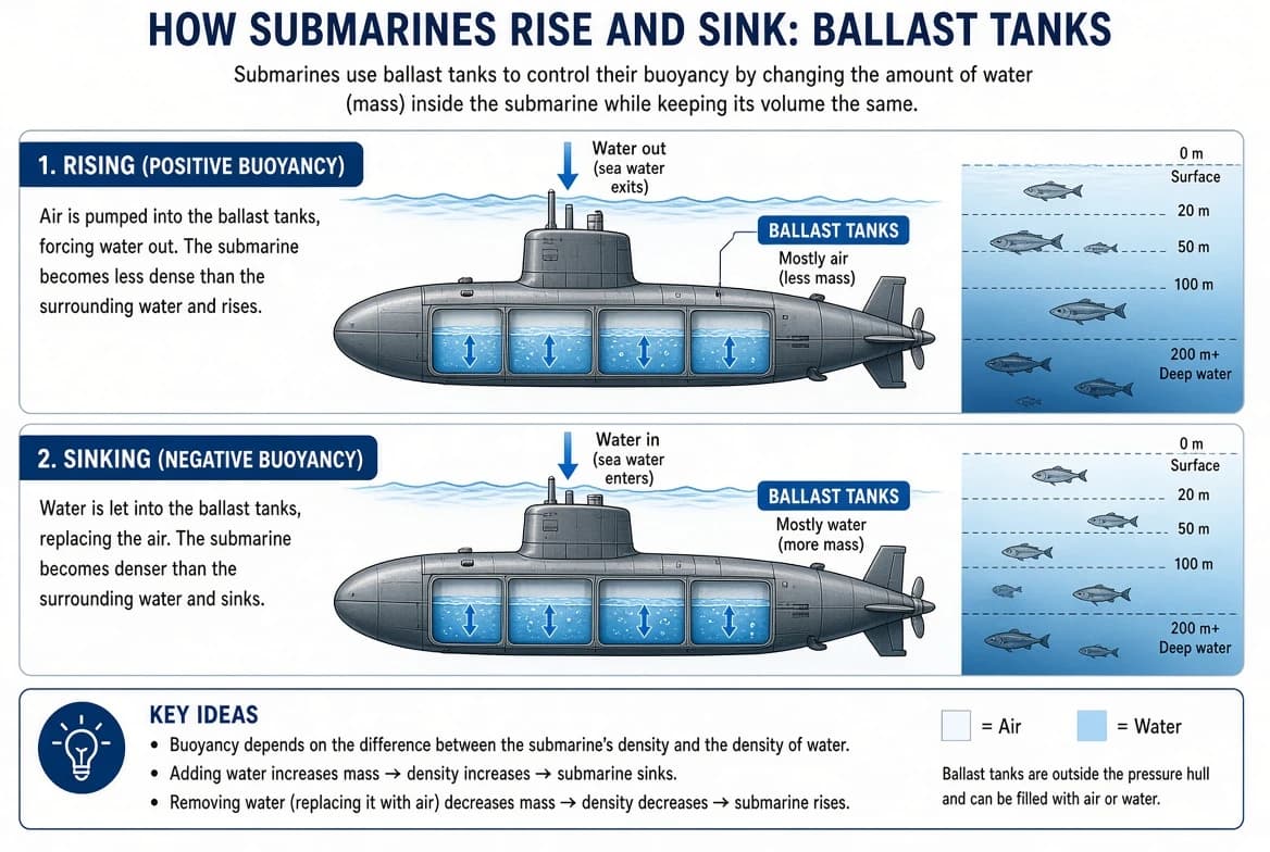 A submarine with ballast tanks, shown rising and sinking in water as fish swim up and down beside it.