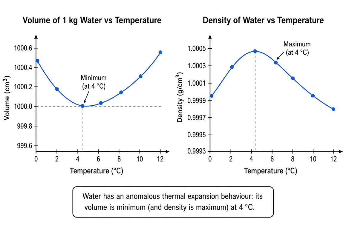 Graphs showing the relationship between volume of 1 kg of water and temperature, and between density of water and temperature, both showing a turning point at 4°C.