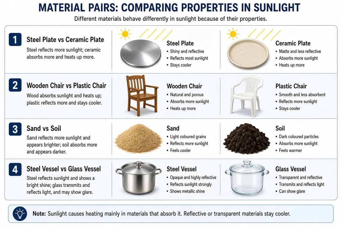 Different materials (steel plate vs ceramic plate, wooden chair vs plastic chair, sand vs soil, steel vessel vs glass) heating at different rates under the same sunlight.