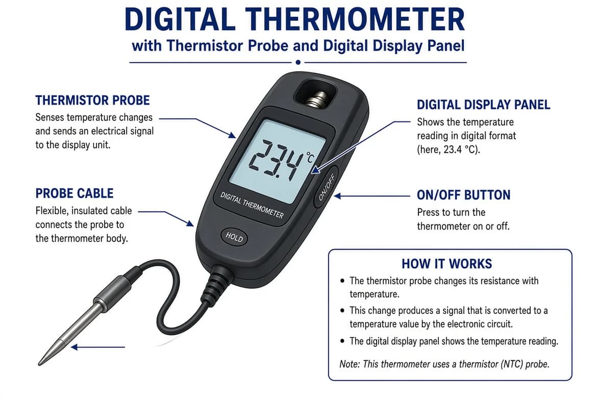 A digital thermometer with a heat-sensitive thermistor probe and a digital display panel showing the measured temperature.